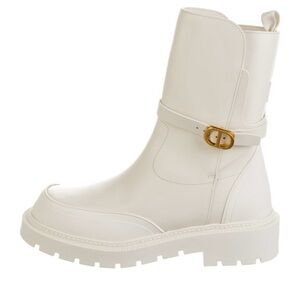 Dior White Leather Combat/Rain Boots with Gold Buckle